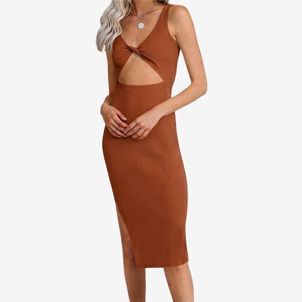 VICI Cutout Twist Front Ribbed Midi Dress – Rust / Terracotta – Size Large